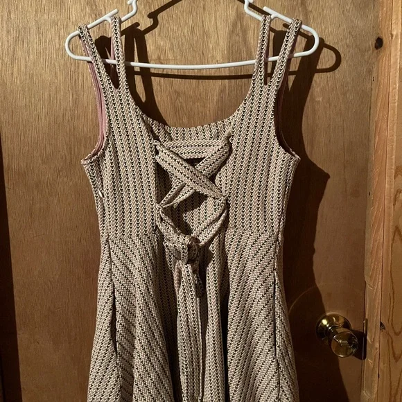 Maeve Textured Beige and Pink Midi Dress - Picture 3 of 5